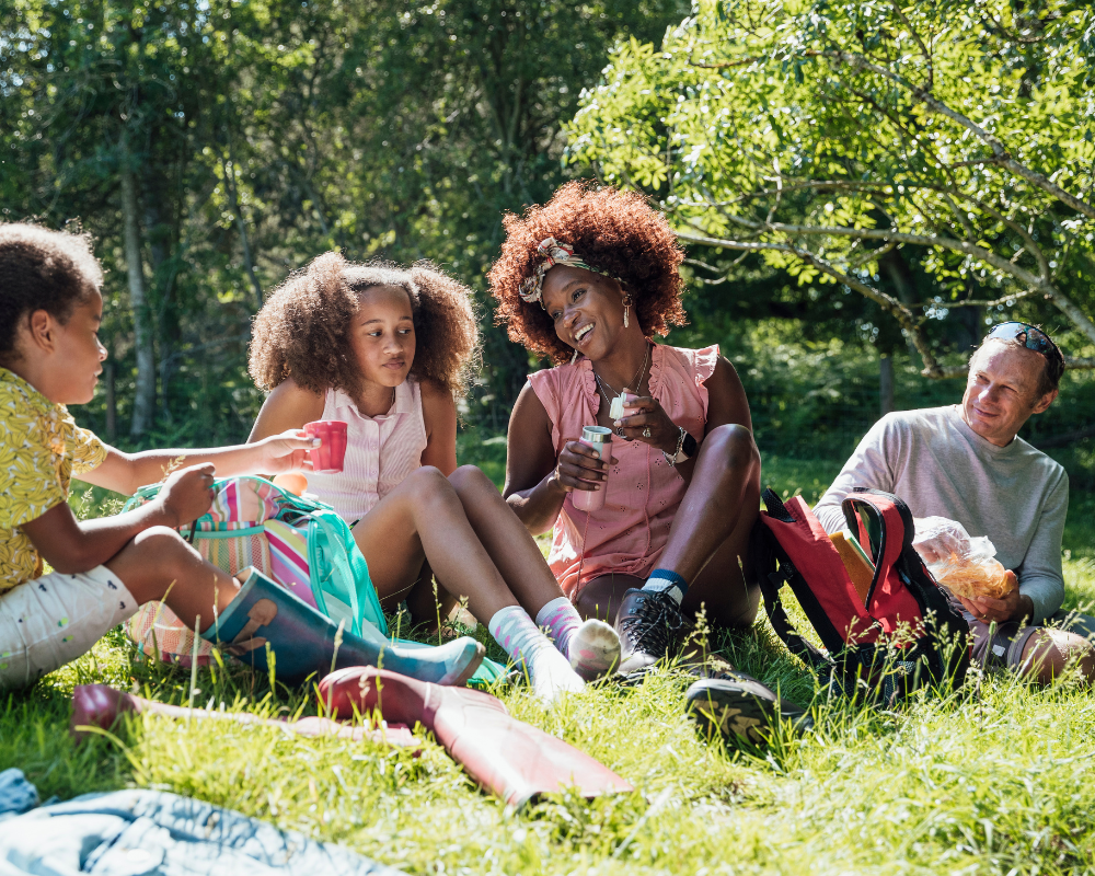 Family outdoors in the summertime